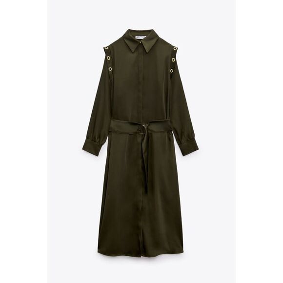 Green Zara Collared Button Down Belted Grommet Ring Long Sleeve Midi Dress (NWT) - Picture 4 of 8